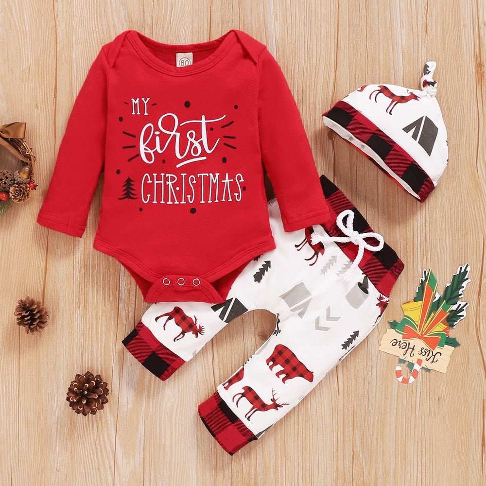 Christmas Baby Outfits 2020 Winter Cotton 3Piece Set Bodysuit+Pants+Hat Xmas Print Long Sleeve Baby Clothes for Boy Girl D30
